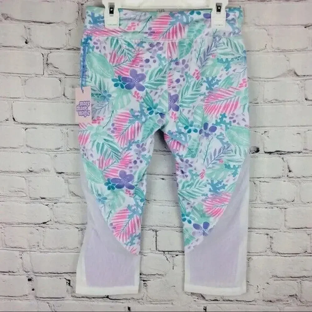 More Than Magic Girls Sz S(6/6x) Capri Leggings Floral w/Mesh Insert Gymnastics